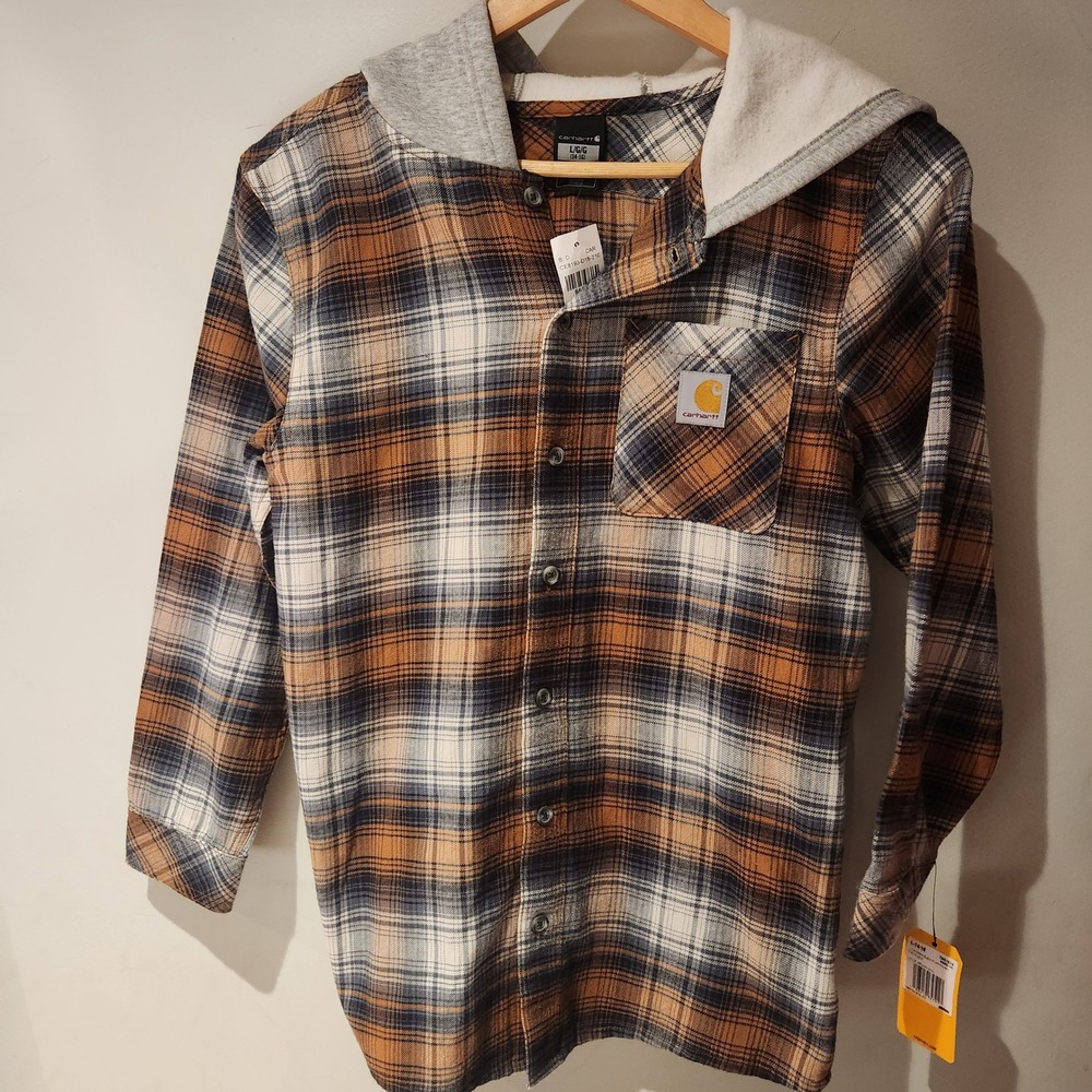 Carhartt L G 14 16 Boys Long‎ Sleeve Button Front Hooded Flannel Shirt Brown